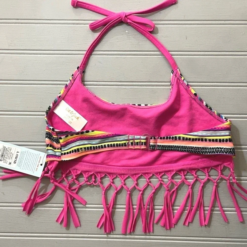 Cat & Jack Fringe Bikini Swim Top Girls Large Pink Colorful Stripes NWT